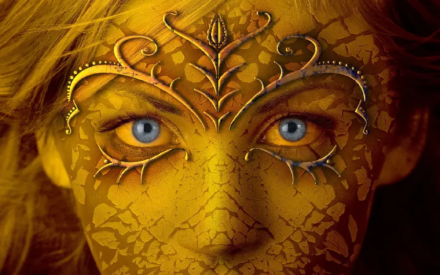 Wallpaper of a woman with blue eyes and a golden face with patterns and designs