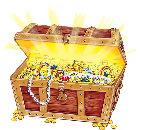 Computer graphic image of a treasure chest design filled with gold, jewelry and diamonds