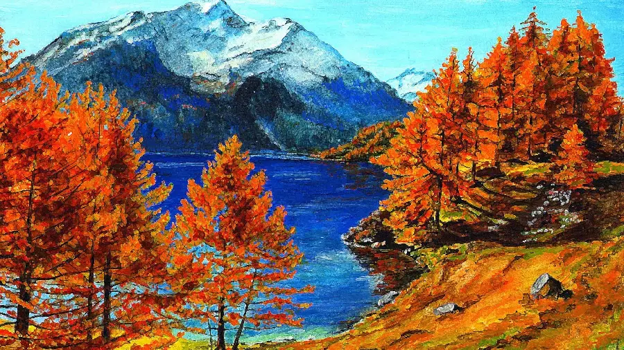 Download the autumn image of a beautiful and clean blue lake by the mountain and autumn trees 