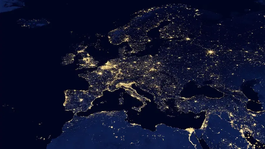 Very cool photography of the map of the European continent in a dark theme with beautiful lights