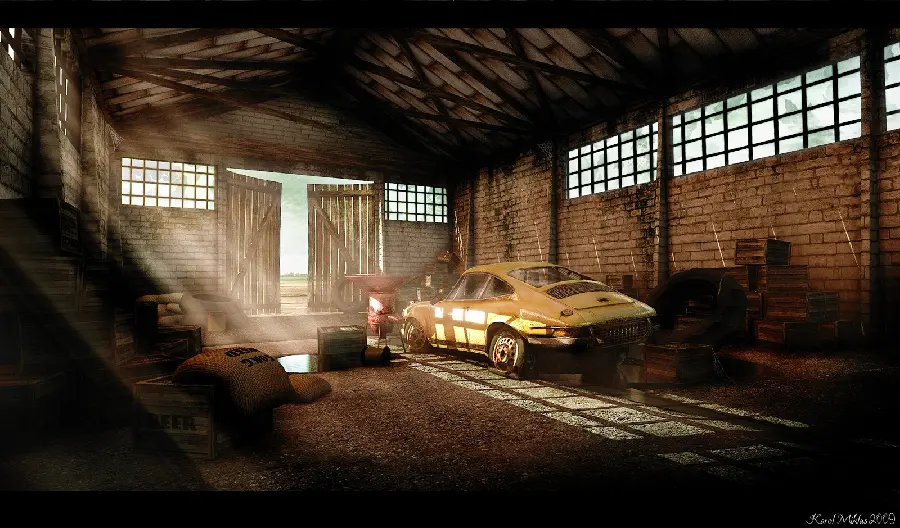 Stock of an old car in an abandoned warehouse for desktop background