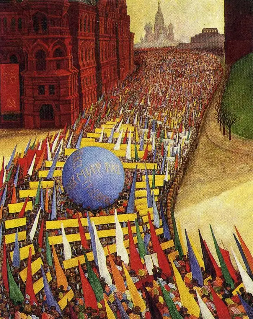Photo of a painting on the theme of the May Day march in Moscow by Diego Rivera 1956