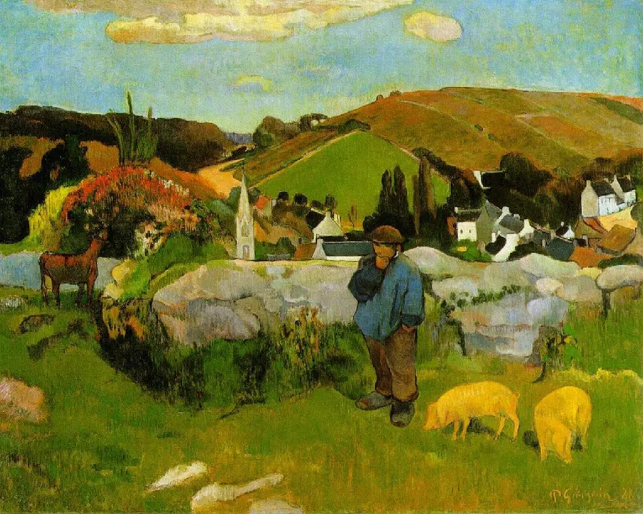 Interesting and spectacular stock photo of the painting of the village shepherd by the French artist Paul Gauguin