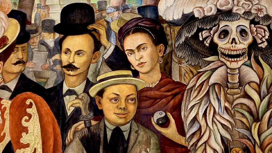 Zoomed photo of a mural by Diego Rivera in high quality