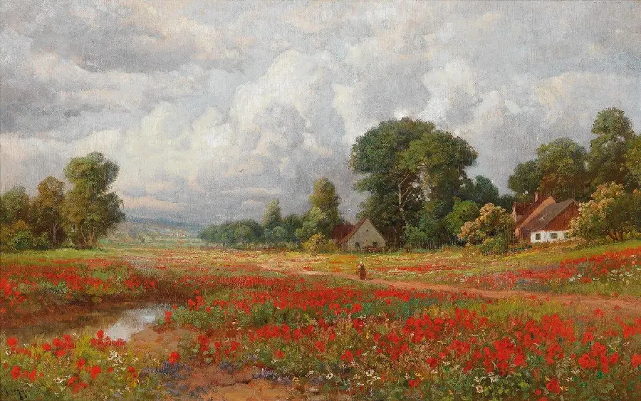 Romanticism style painting stock of the plain and very beautiful red flowers 
