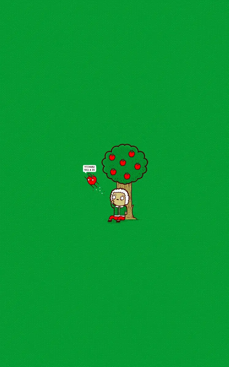 Funny and cute picture of Newton, the famous English mathematician, next to the apple tree 