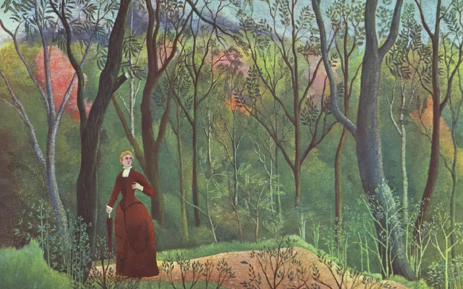 Free download of the painting of a young woman in the forest by Henri Rousseau