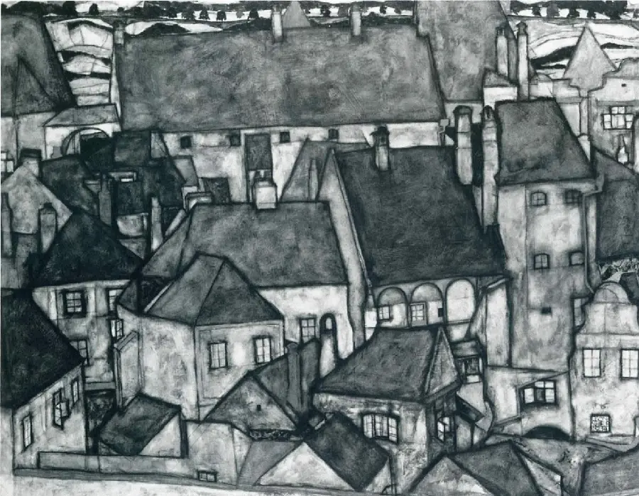 Edited black and white photo of the painting The Yellow City by Egon Schiele