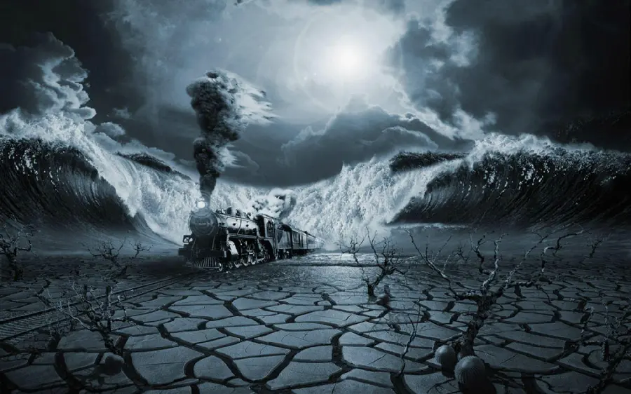 Download Black Surrealism Style Photo of Desert, Sea and Train Landscape