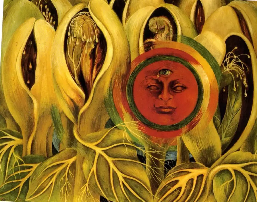 Sun and Life Painting by Frida Kahlo, Oil on Masonite, 1947