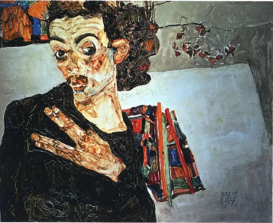 Self-portrait with a black vase and open fingers by Egon Schiele