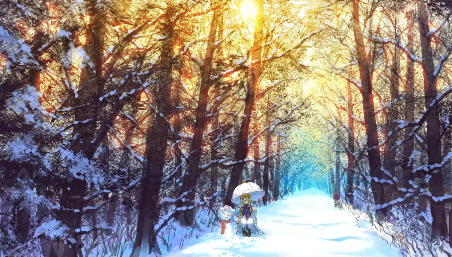 High quality winter wallpaper of a snowman with a snow umbrella