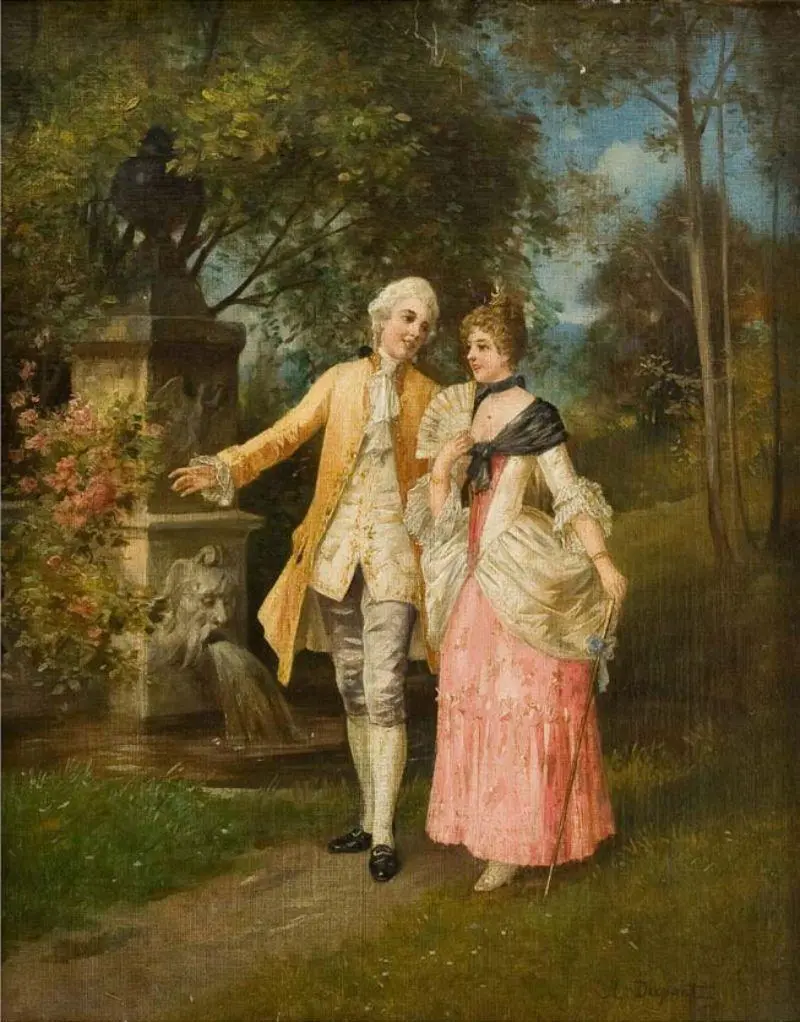 Portrait of a young man and woman in love in a romantic painting