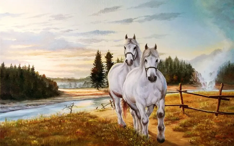 Photo of a beautiful and artistic painting of horsesWhite Running 