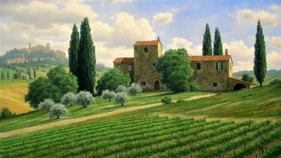 Italian Painting Watercolor Landscape Villa San Quirico Comrade Petty