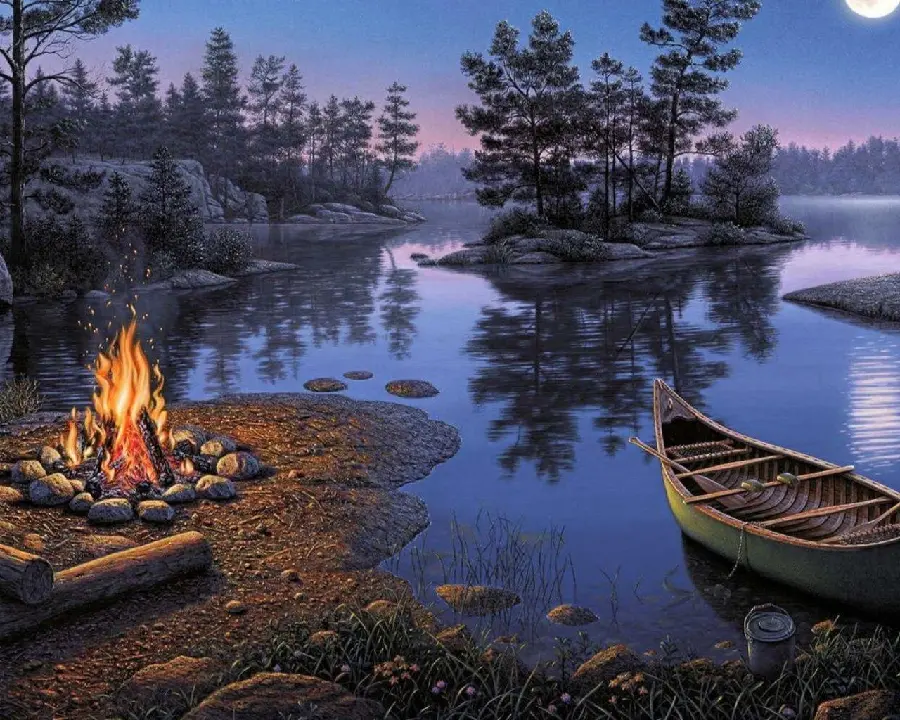 Photo of a painting of a camp and recreation by the lake with a stunning view 