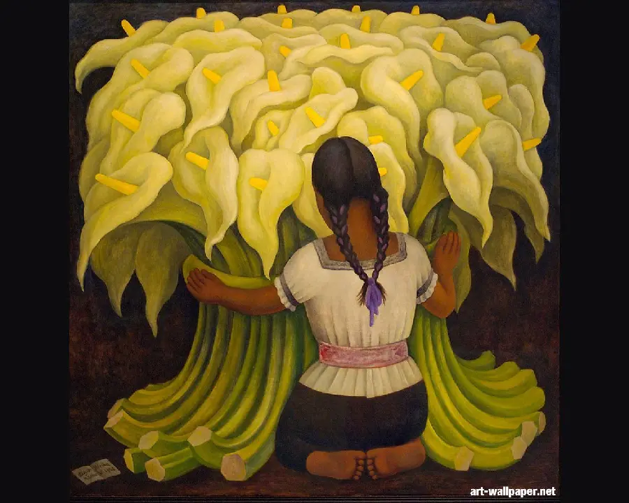 Image of preparing and arranging beautiful flowers drawn by Diego Rivera