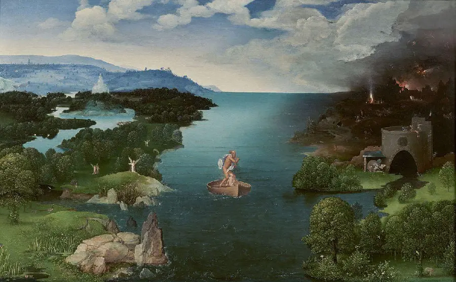 Romantic painting of a naked man in a boat on a river
