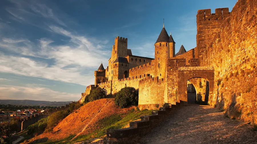 Beautiful background photo of an old and historic castle on a blue sky background