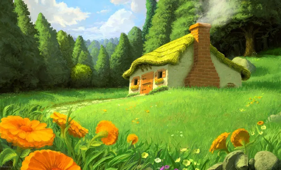 Cartoon photo of a cottage in the middle of the meadow