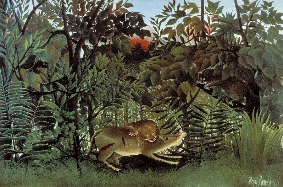 Download stock image of the painting Hungry Lion by the self-taught French painter Henri Rousseau