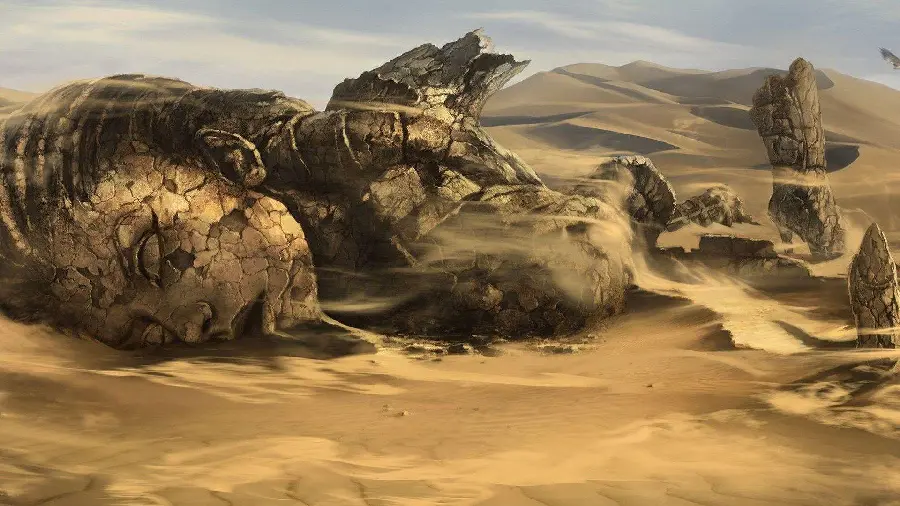 Image of a fallen and broken sculpture landscape in dark surreal art