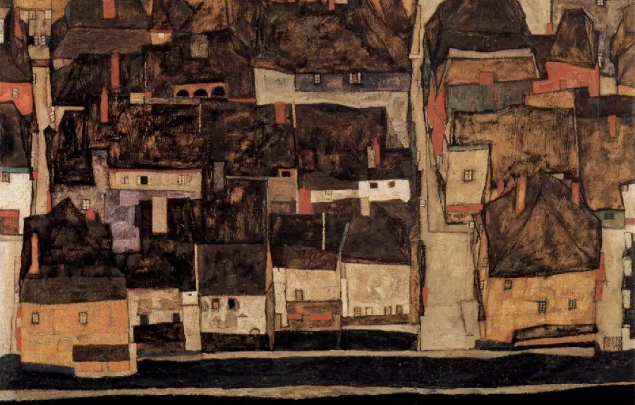 Wallpaper of Egon Schiele's paintings drawn from a small town