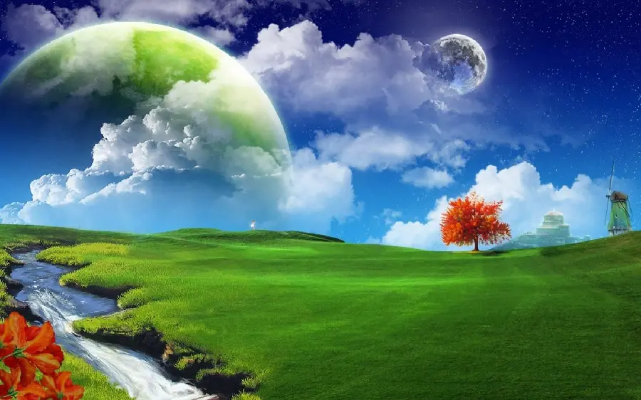 Digital painting of a lush landscape by the river