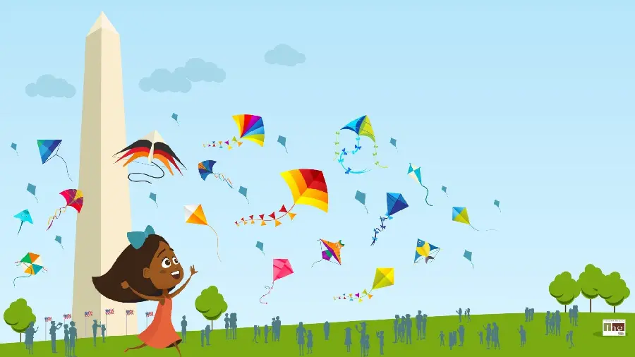 Cartoon and graphic wallpaper of a girl in a kite flying party 