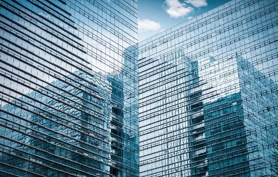 Modern buildings exterior continuous glass facades