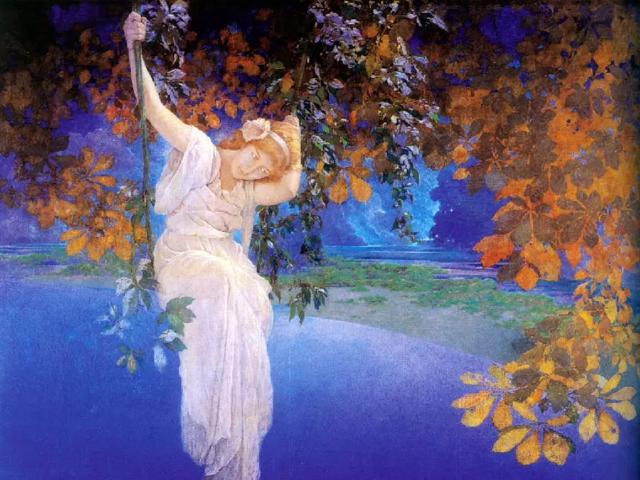 Wallpaper by Maxfield Parrish with the design and theme of a young lady on a swing 