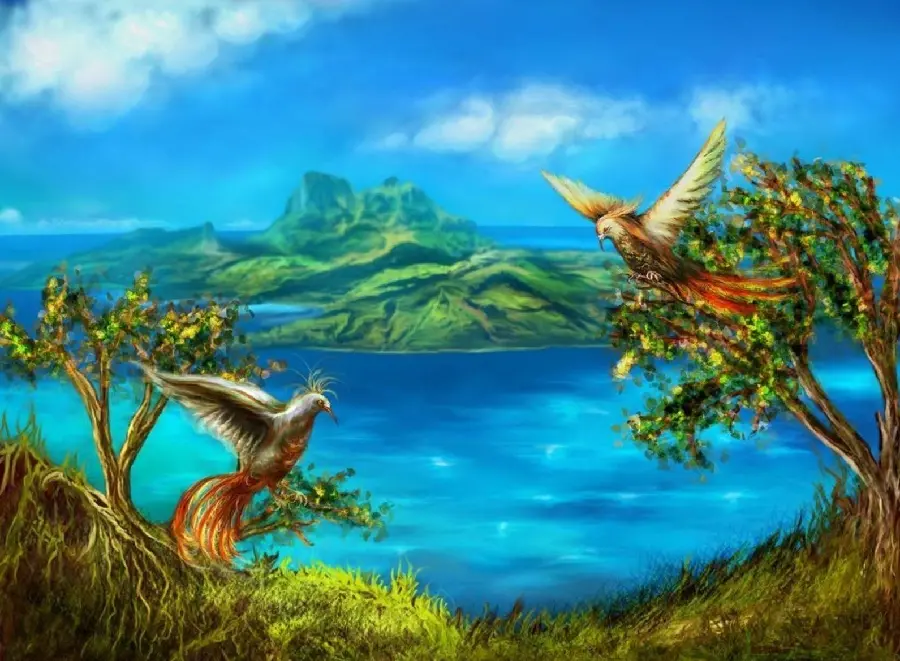 Stock photo and high-quality painting of a beautiful natural lake landscape 