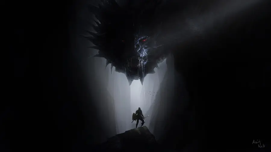 Black dragon background photo in a dark and scary cave and a dragon slayer knight 