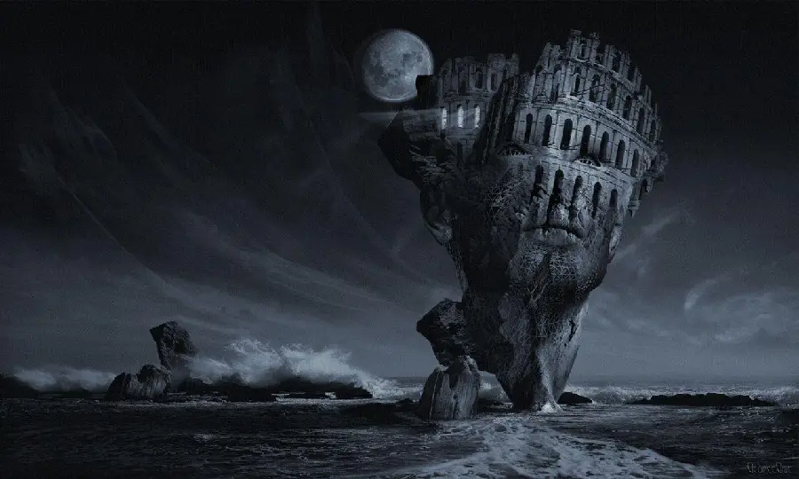 Black surrealism stock photo with a strange sculpture design by the beach