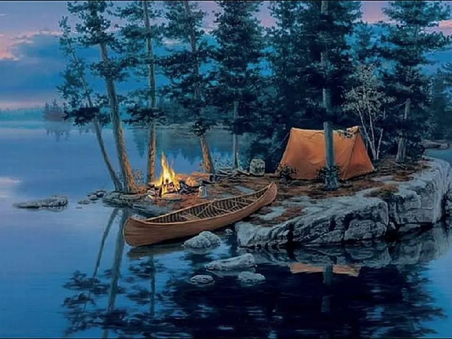 Stock painting of a dreamy camp and lake with a wonderful view