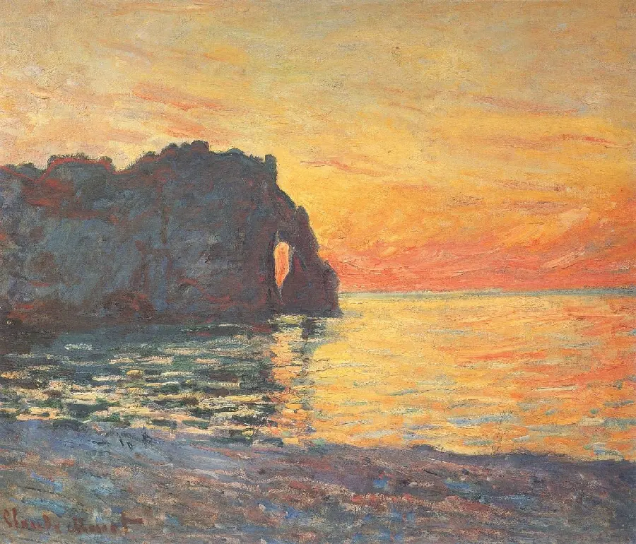 Painting Lilarama by Claude Monet - Etretat, Acantilado de DAval, Sunset, 1885
