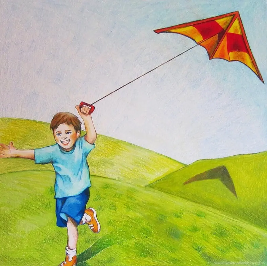 Cartoon graphic photo of a boy playing with a kite