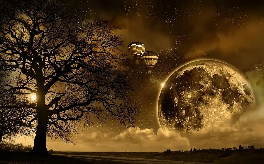 Tree and planet landscape near the earth stock photo artistic surreal dark style