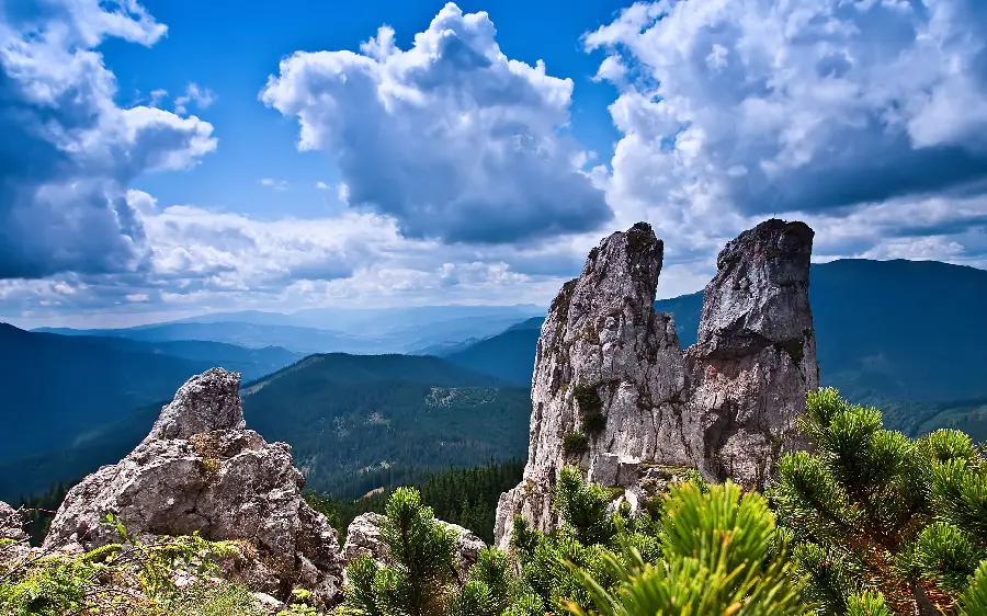 The simplest background design of a mountain with lush, leafy trees and a blue sky full of clouds 