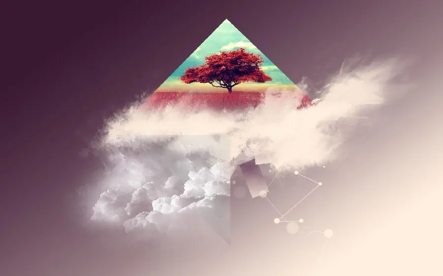 Abstract modern art photo in a tree frame with red leaves inside a triangle