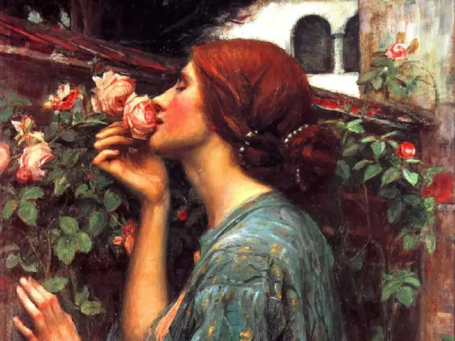 Romanticism painting of a lady smelling flowers