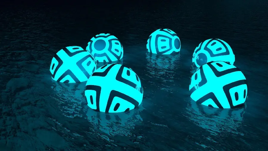 Background photo of luminous balls floating in blue for film editing 