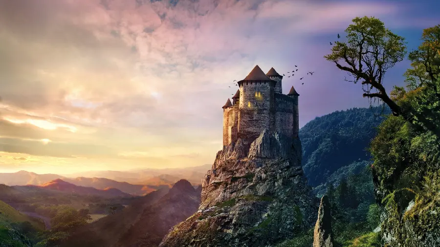 Wallpaper with a Fantasy Design of a Legendary Castle on the Mountain