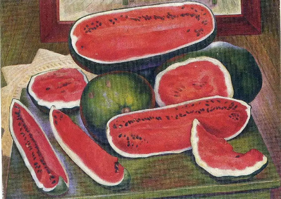 Image of a painting by Diego Rivera of sliced ​​watermelons