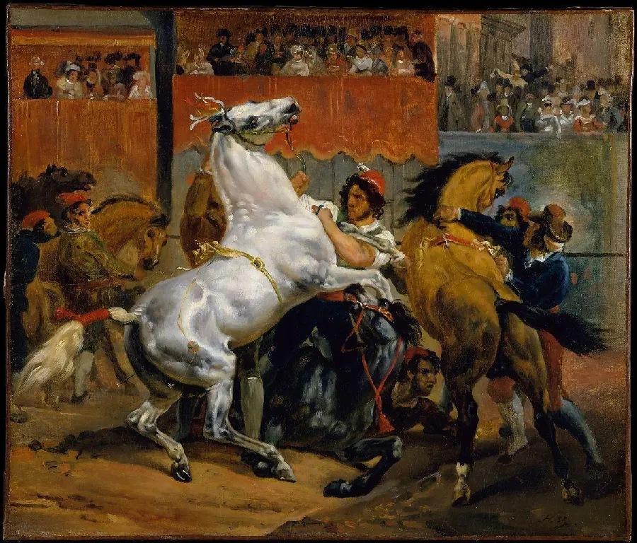 Romanticism painting of a fight with horses