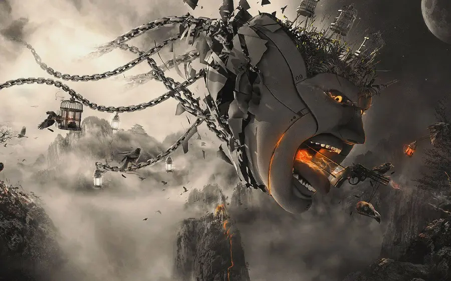 Dark surreal style robot severed head landscape photo