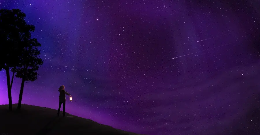 Male and boy profile picture of a lonely man next to trees with a purple dreamy sky 