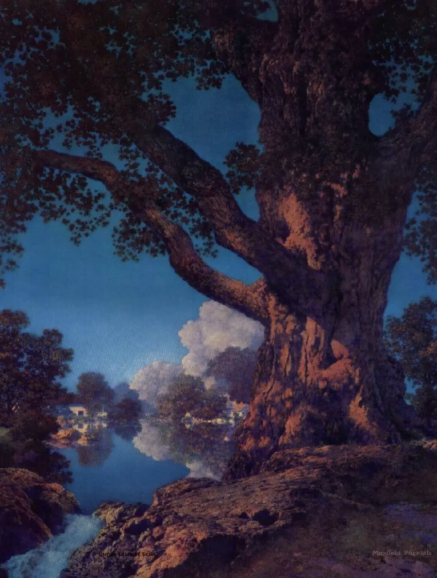 Maxfield Parrish painting of trees and nature