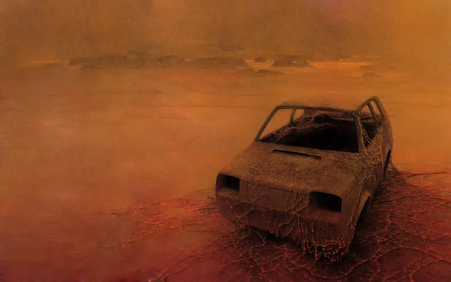 Photo of Zdzislaw Beczynski's painting of an old and broken car