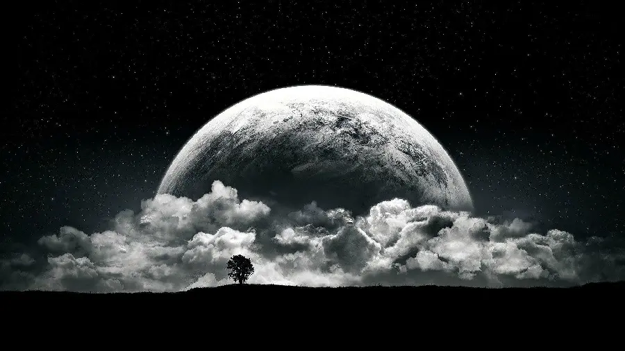High quality digital image of the moon in the style of black surrealism